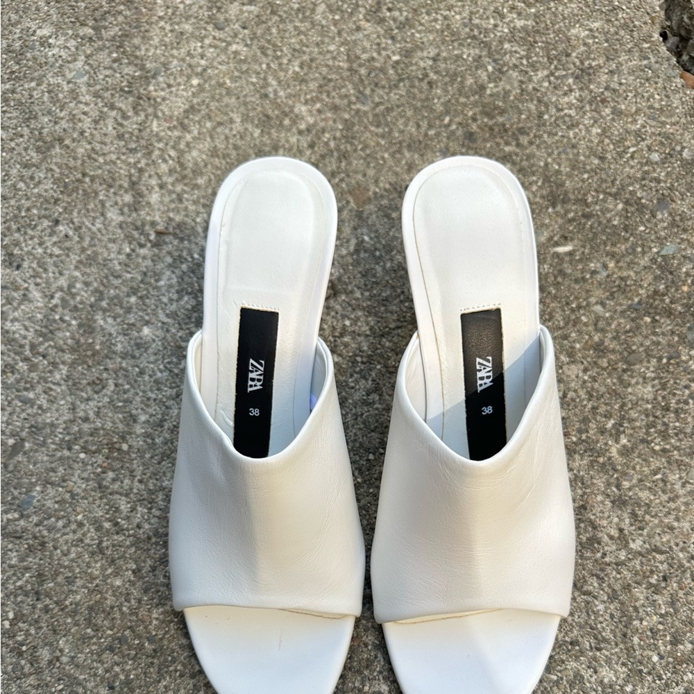 ZARA White Leather Slide Heels — Size 38 (US 7.5)